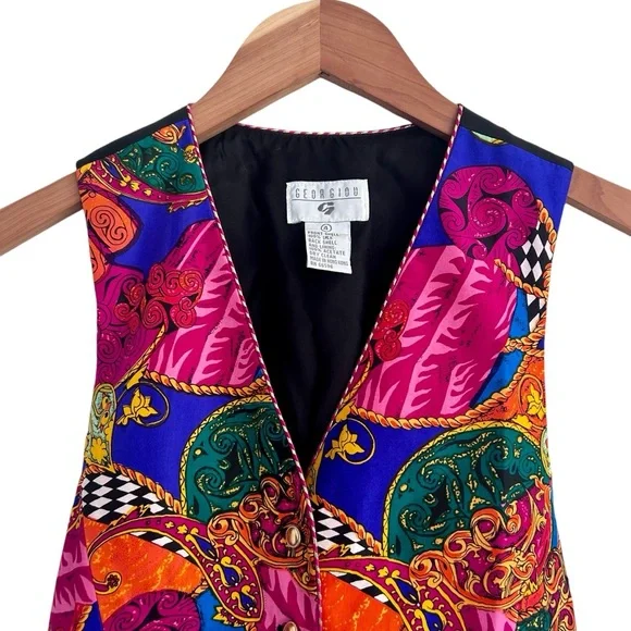Georgiou Vintage 1980s Sz 4 Multicolor 100% Silk Vest Gold Buttons Adjustable - Picture 3 of 8